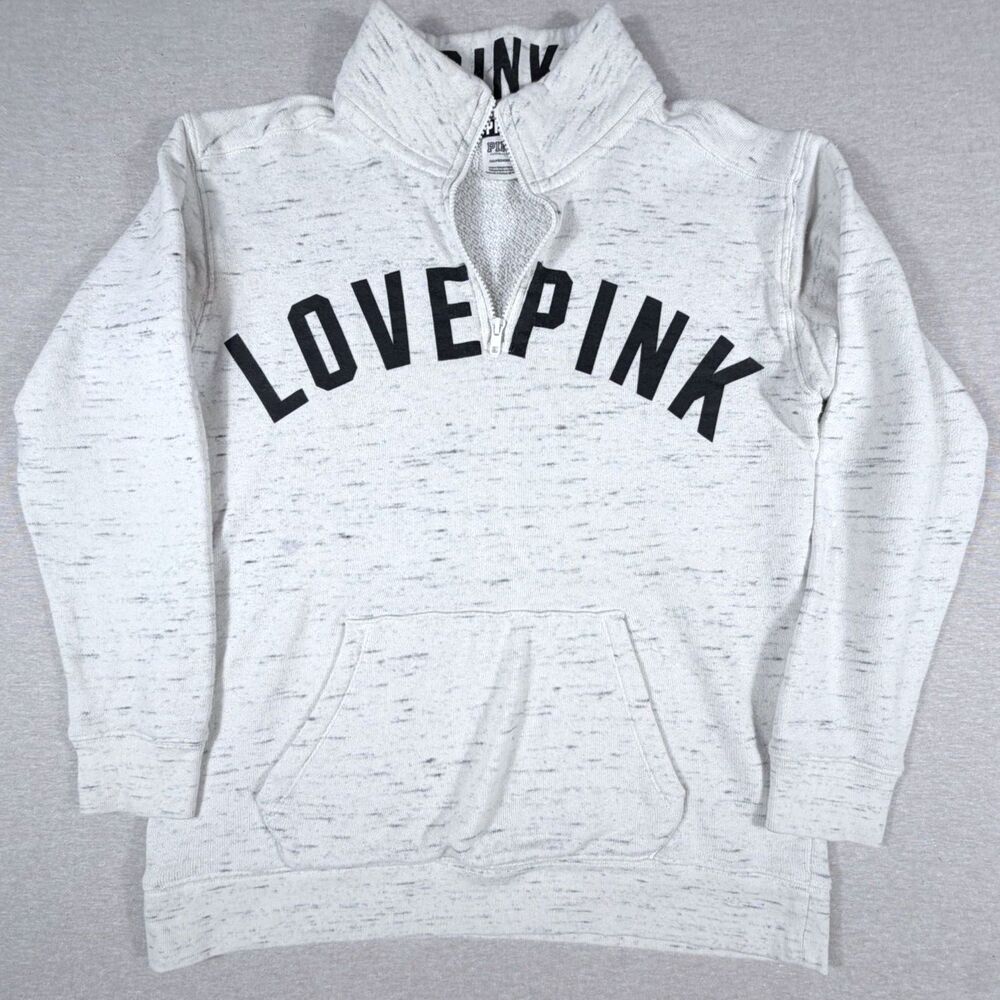 PINK Quarter Zip Pullover Sweatshirt Heathered Ivory Oatmeal Spell Out Graphic